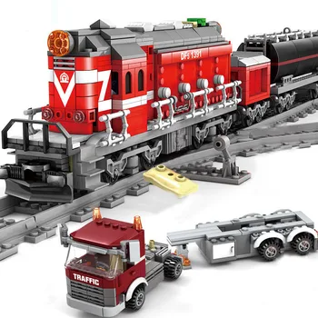 QWZ Oraș cu motor Diesel de Tren de Cale Ferată Camion Remorcă Electric Blocuri Seturi de Cărămizi Copii Jucarii Model Cadouri