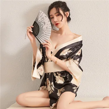 Sexy Japoneze Uniforme Femeie Fuste Set de Lenjerie Sex O Dimensiune cu Curea G-string Florale Halat de baie Scurt Kimono-Halat de Noapte, Halat de baie