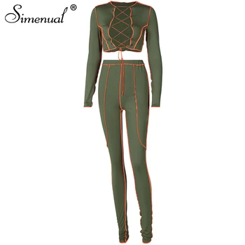 Simenual Dantelă Sus Și Pantaloni Două Piese De Costume Pentru Femei Mozaic De Moda Rochie Bodycon Cu Maneca Lunga Seturi De Potrivire De Iarnă 2021 Slim