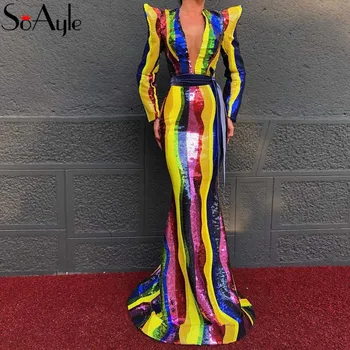 SoAyle Strălucitoare Multicolore Rochii de Bal 2019 Unic Mâneci V-gât Adânc Rochie de Seara Dubai Femei de Moda Mermaid Rochie de Bal