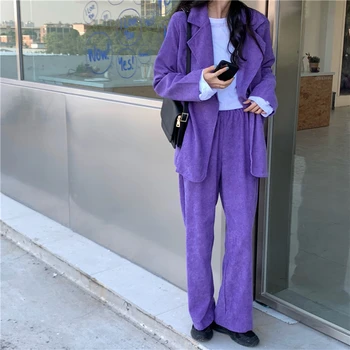 Toamna Iarna Mov de Catifea pentru Femei Costum de Birou, Haine coreene Blazer Girly Liber Casual Pantaloni Largi Picior Două Piese Seturi de sex Feminin