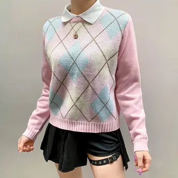 Vangull Argyle Contrast de Culoare pulovere Pulovere pentru Femei Toamna Iarna Roz O-gât Tricotate Slim Casual Moale de sex Feminin de Bază Pulover