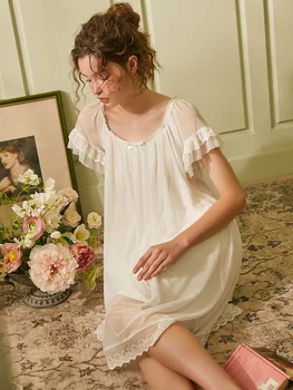 Vara pentru Femei Vintage Lung Pijamale cu Maneci Scurte Fete Dulci Tifon Printesa Cămăși de noapte Vrac Rochie Regal