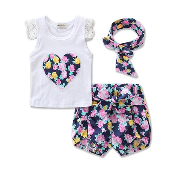 Vară Stil de moda Fete pentru Copii Haine fără Mâneci Bluza+ Floral pantaloni scurți Pantaloni + bentita 3pcs/set Copii Dantela de Bumbac Set Haine