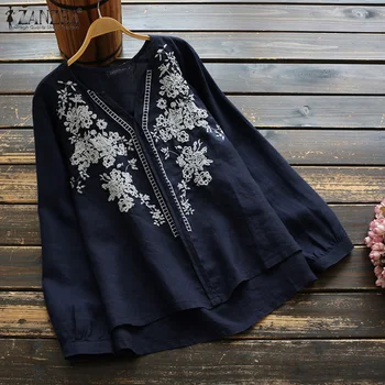 ZANZEA Vintage Retro Floral Bluza Femei cu Maneci Lungi V-neck Shirt de Primavara Casual Lenjerie de pat din Bumbac Topuri Supradimensionate 5XL Blus Femininas