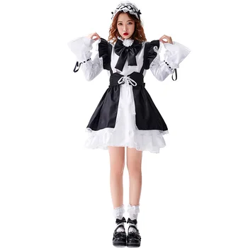 În plus Dimensiune Alb-Negru Gotic Maneca Lunga Maid Dress Costume Cosplay Costum pentru Fete Femeie Chelneriță Menajera Petrecere, Costume de Scenă